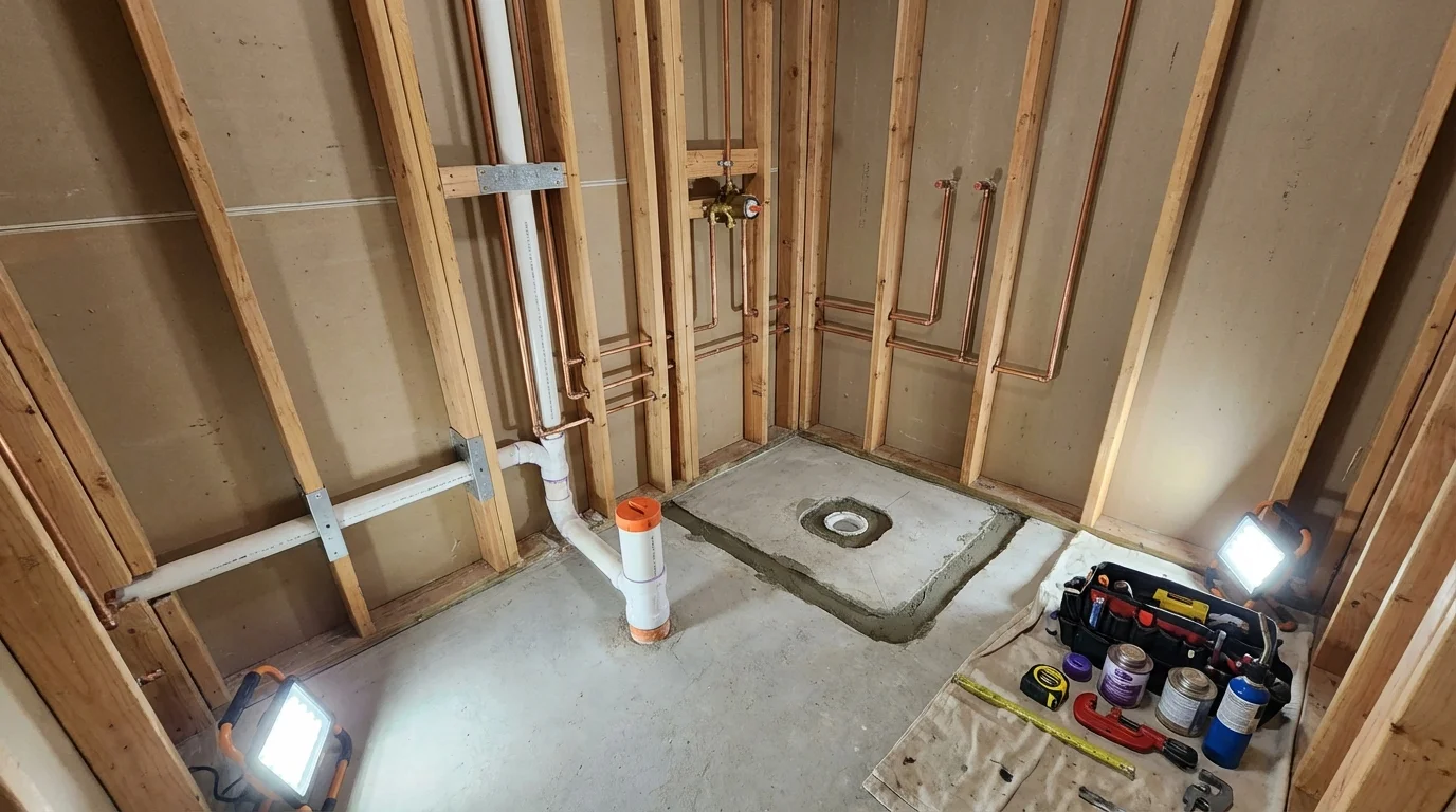 Bathroom rough-in plumbing during remodel by Johns Plumbing LLC in Kentland