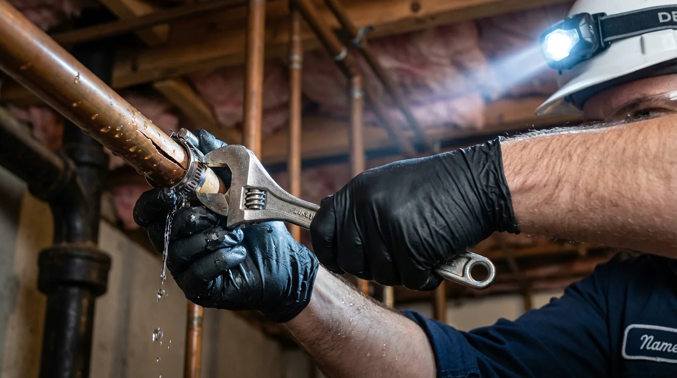 Emergency pipe clamp repair being performed by a Johns Plumbing LLC plumber in Kentland