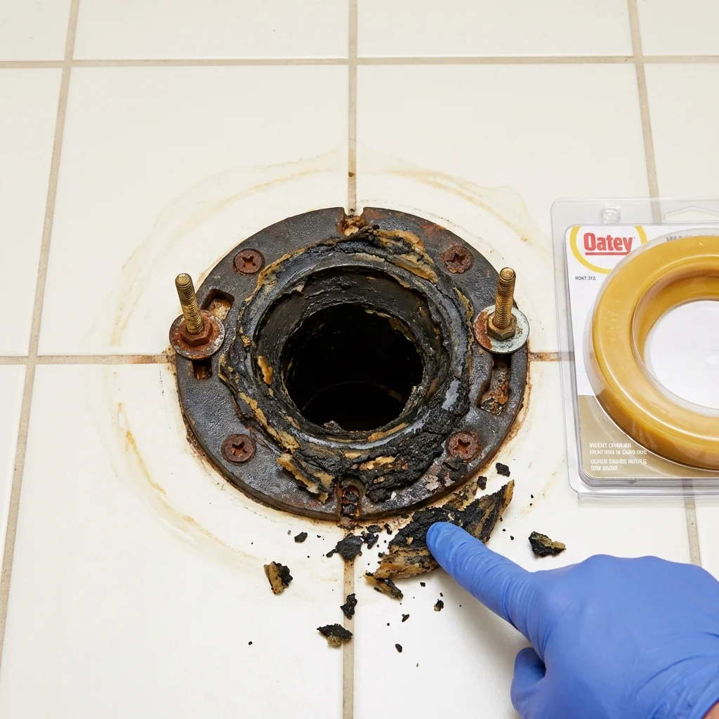 Failed wax ring showing water seepage at the base of a toilet in a Kentland, IN home