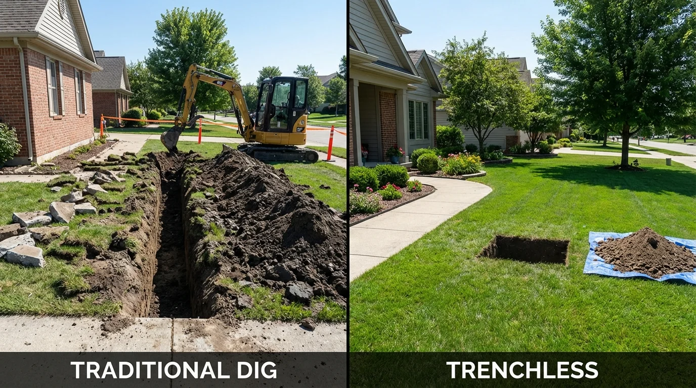 Trenchless sewer repair with minimal yard damage versus traditional excavation in Kentland, IN