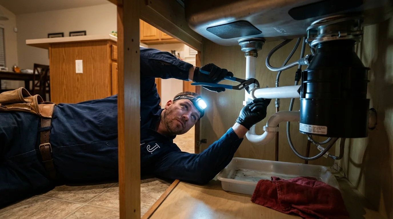 P-trap and supply line connections under a kitchen sink showing a common leak point in Kentland, IN